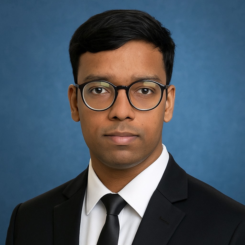 Web developer with a microphone, black coat and blue background